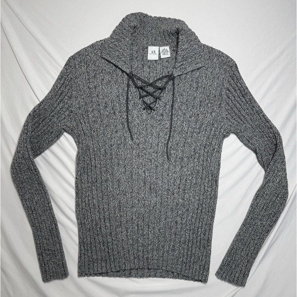 A|X Armani Exchange Ribbed Gray Lace-Up Pullover Sweater Y2K Size Large